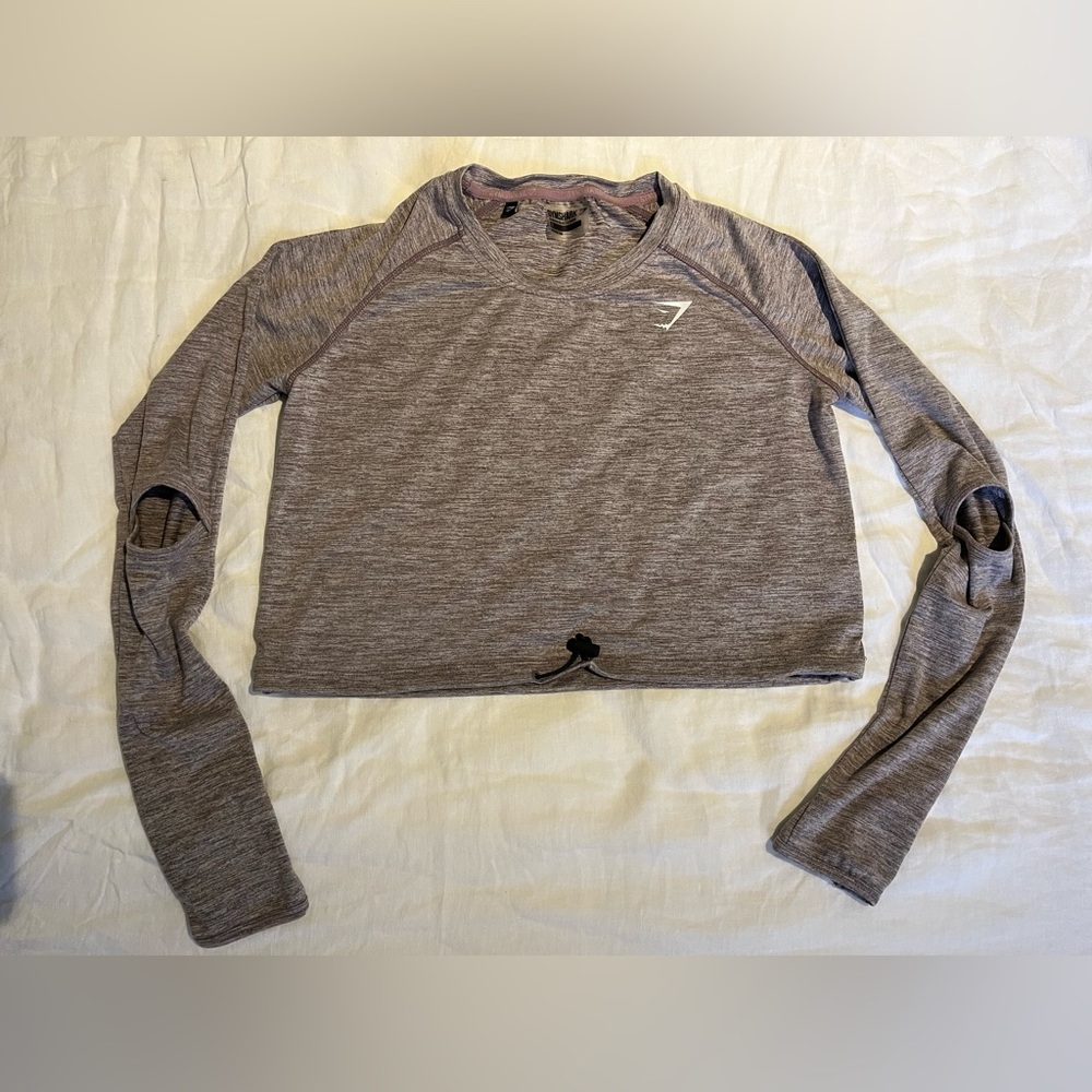 Gymshark Heathered Purple Crop Top Long Sleeve Shirt Drawstring Cut Out Elbow M